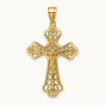 Polished Diamond-cut Filigree Fancy Crucifix Pendant, 14K