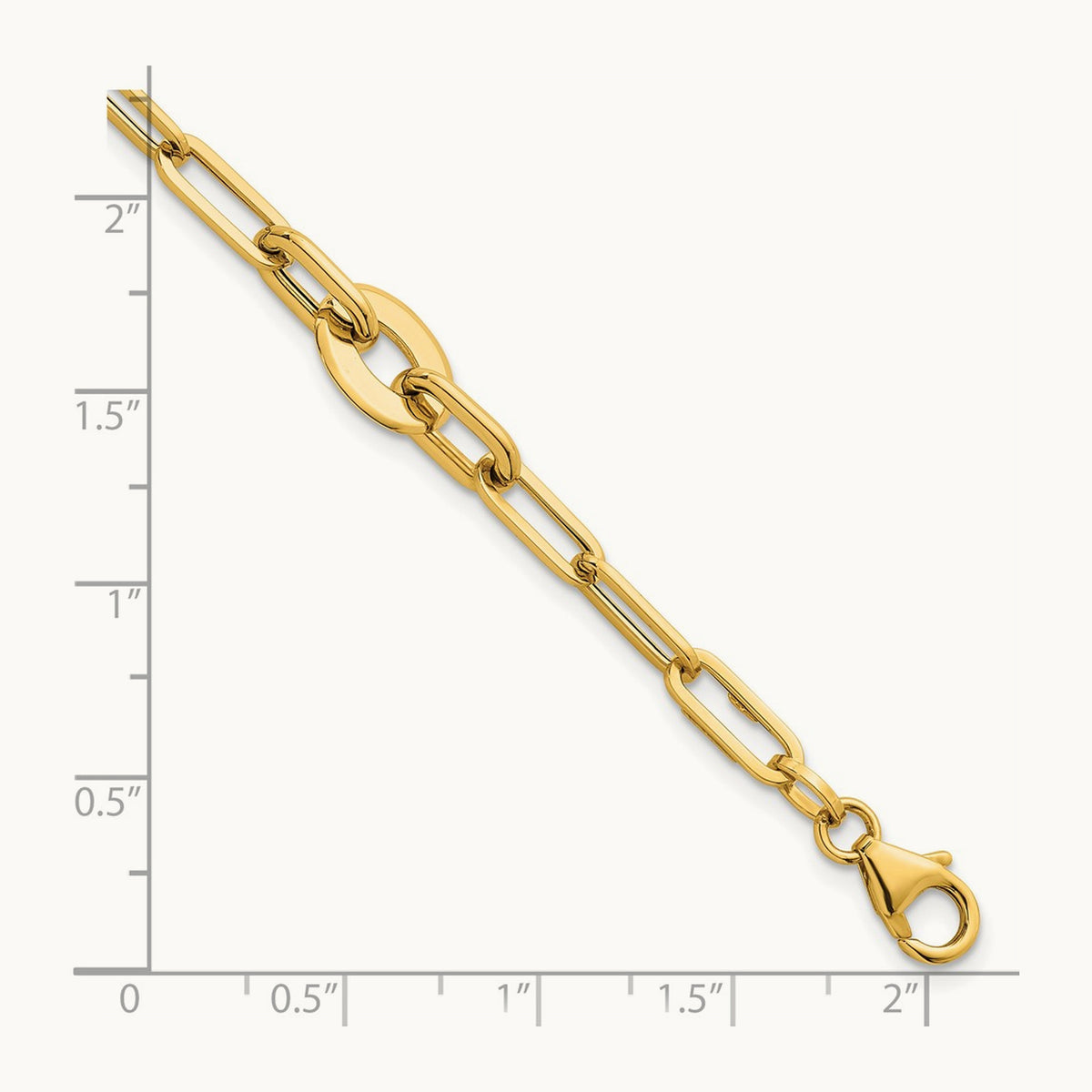 Polished Flat Oval and Paperclip Link 7.25 Inch Bracelet, 14K