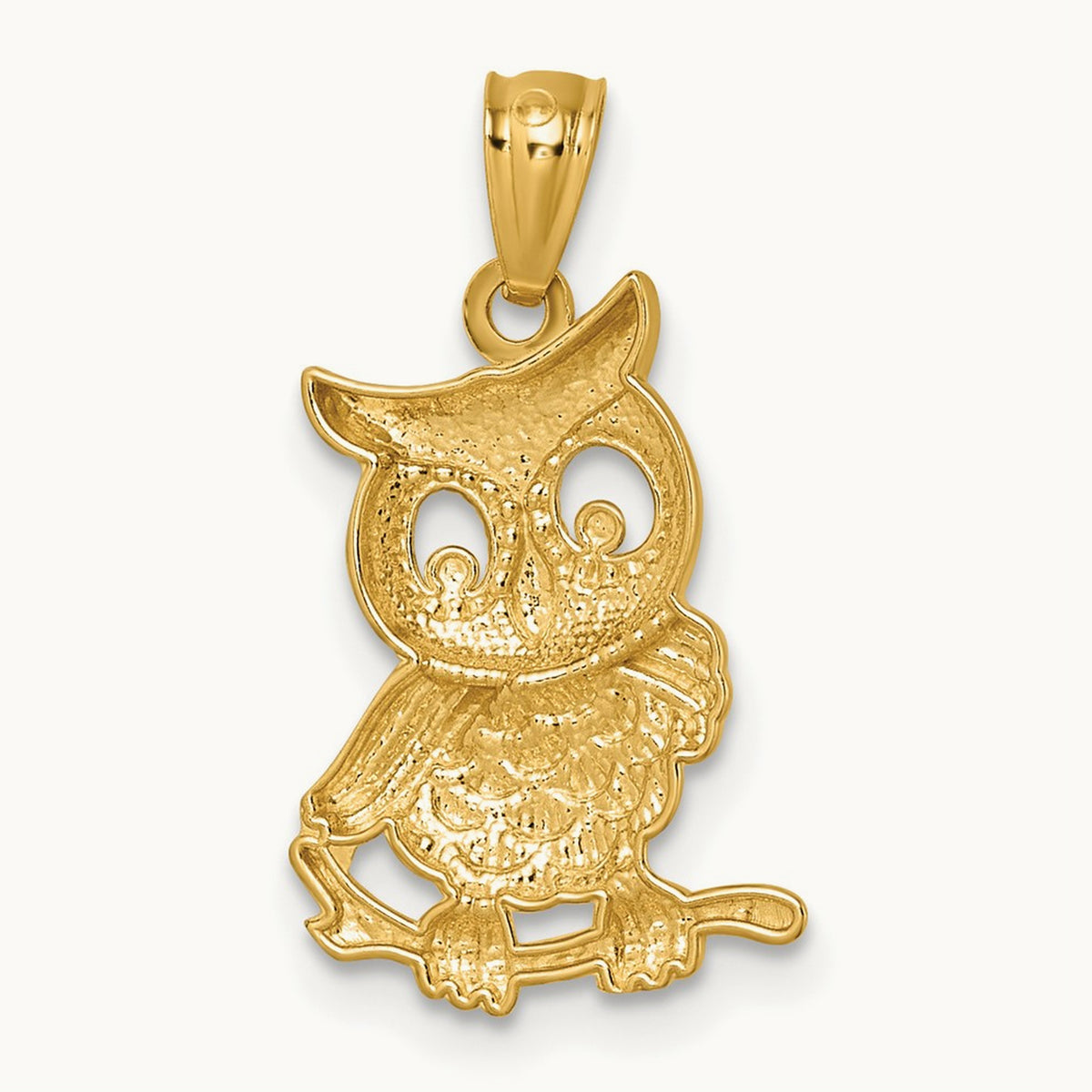 & Rhodium Polished & Textured Owl Pendant, 14K