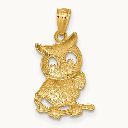 & Rhodium Polished & Textured Owl Pendant, 14K