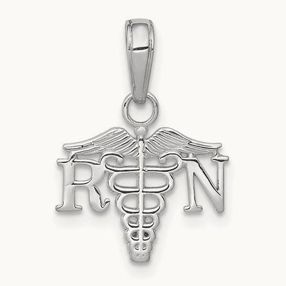 Textured RN Caduceus Charm, 14K White Gold