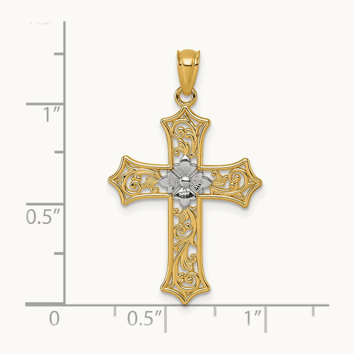 Polished Floral Cross Pendant, 14K with Rhodium