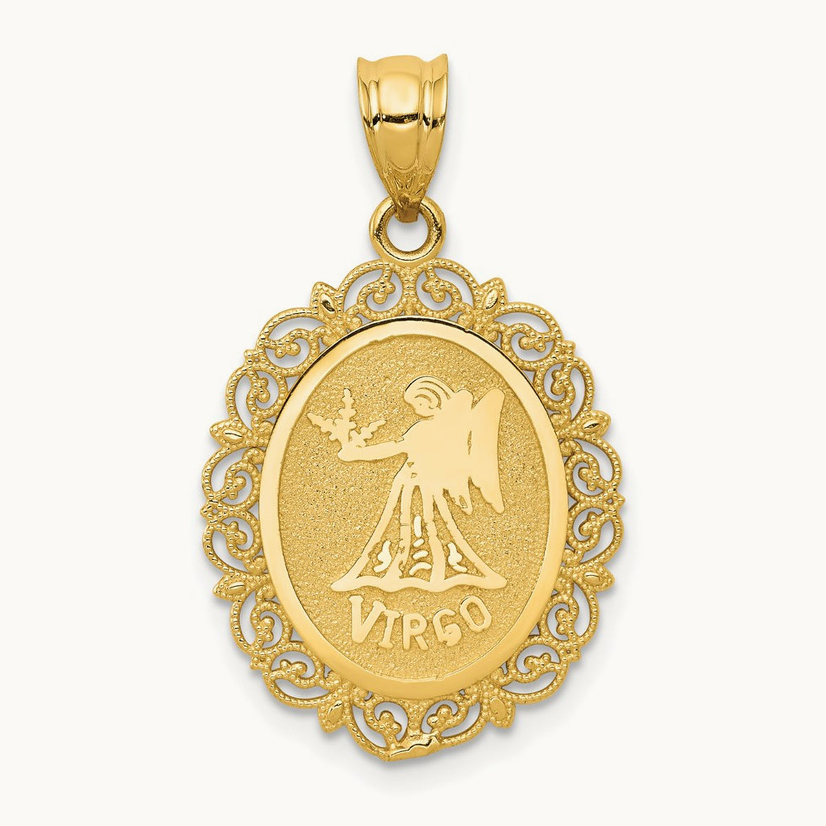 Solid Satin Polished Virgo Zodiac Oval Pendant, 14K