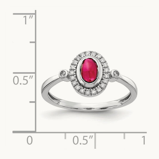 Diamond and Oval Cabochon Ruby Halo Ring, 14K White Gold