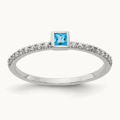 Diamond and Princess Blue Topaz Ring, 14K White Gold