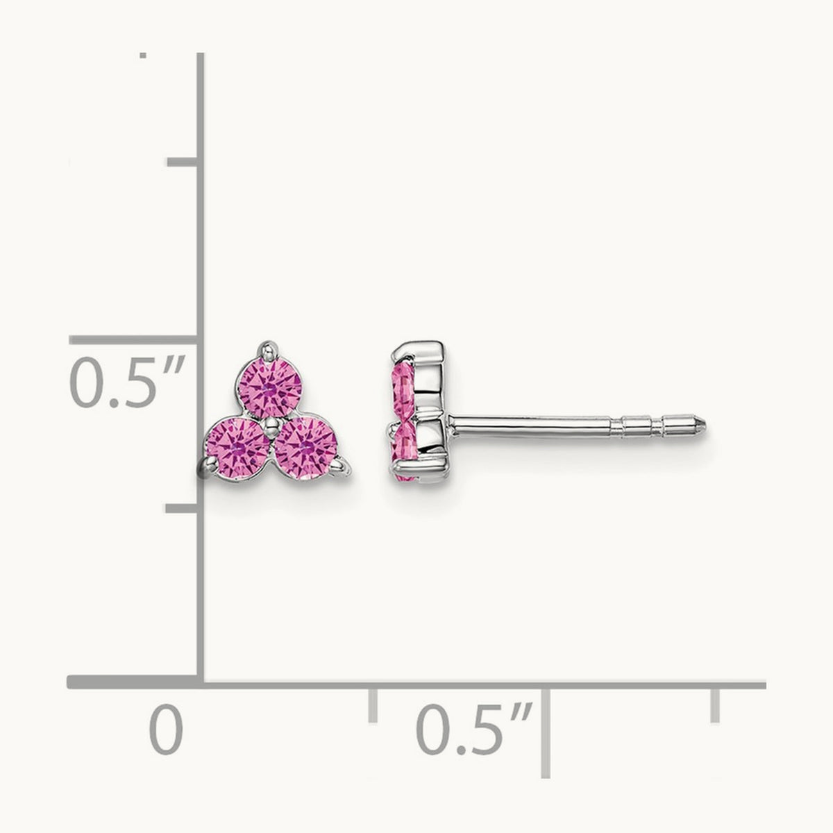 3-stone Created Pink Sapphire Triangle Earrings, 14K White Gold