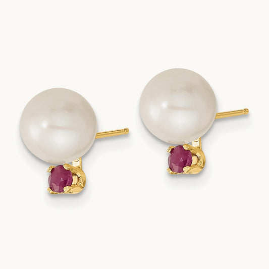 7- White FW Cultured Pearl & Ruby Stud Earrings & Pendant, 8mm, 14K