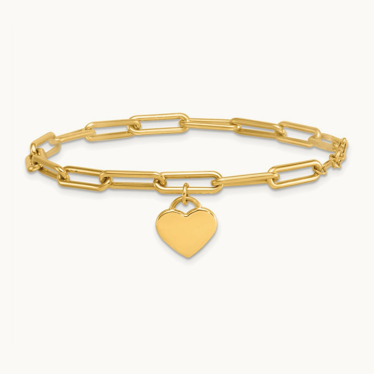 Polished Dangle Heart 7.5in Paperclip Bracelet, 14K