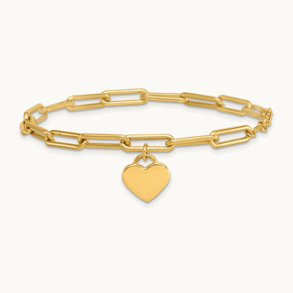 Polished Dangle Heart 7.5in Paperclip Bracelet, 14K
