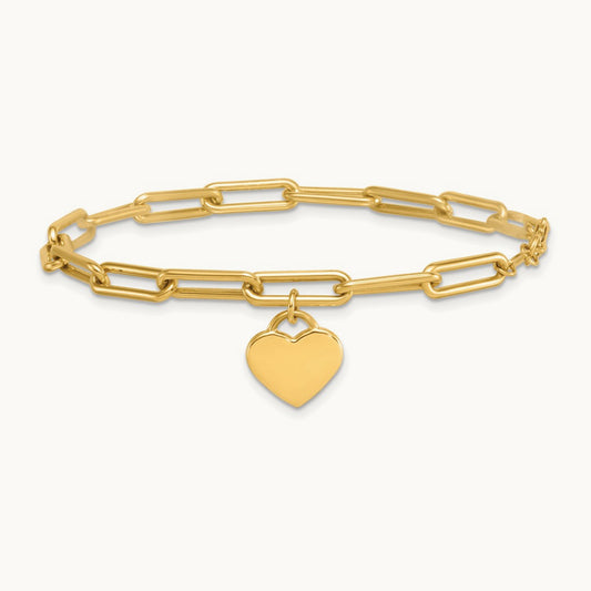 Polished Dangle Heart 7.5in Paperclip Bracelet, 14K