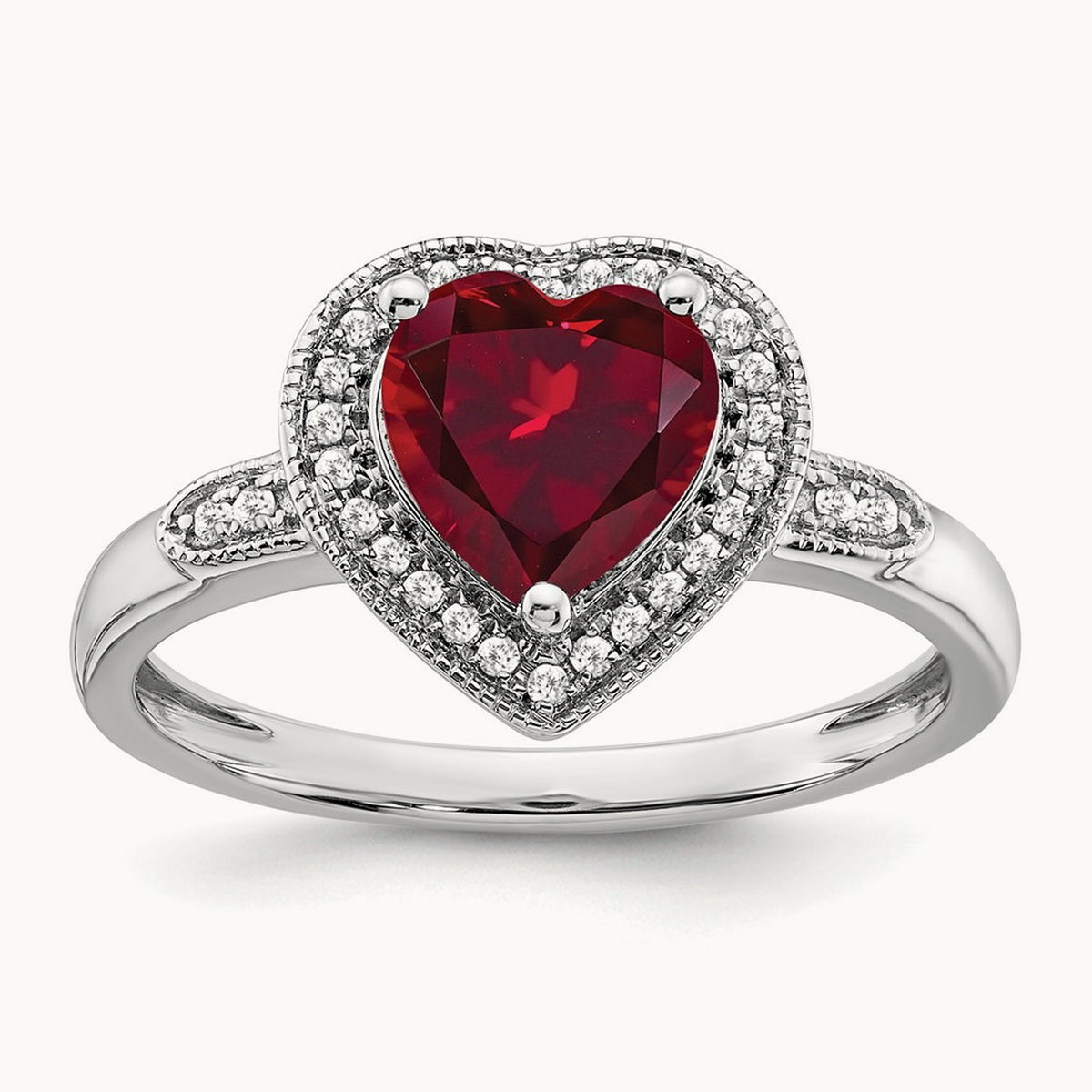 Heart Created Ruby and Diamond Halo Ring, 14K White Gold