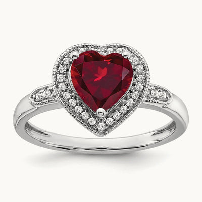 Heart Created Ruby and Diamond Halo Ring, 14K White Gold