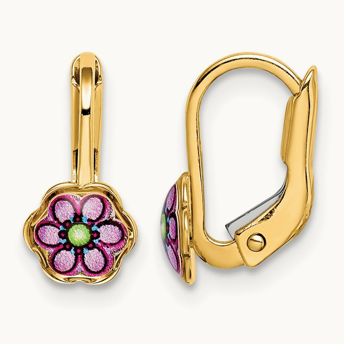 Children's Enamel Flower Leverback Earrings, 14K
