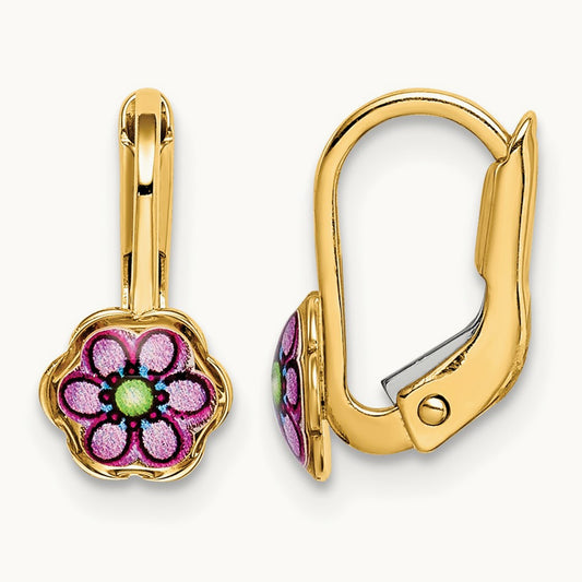 Children's Enamel Flower Leverback Earrings, 14K