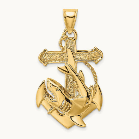 2-D Anchor with Shark Charm, 14K