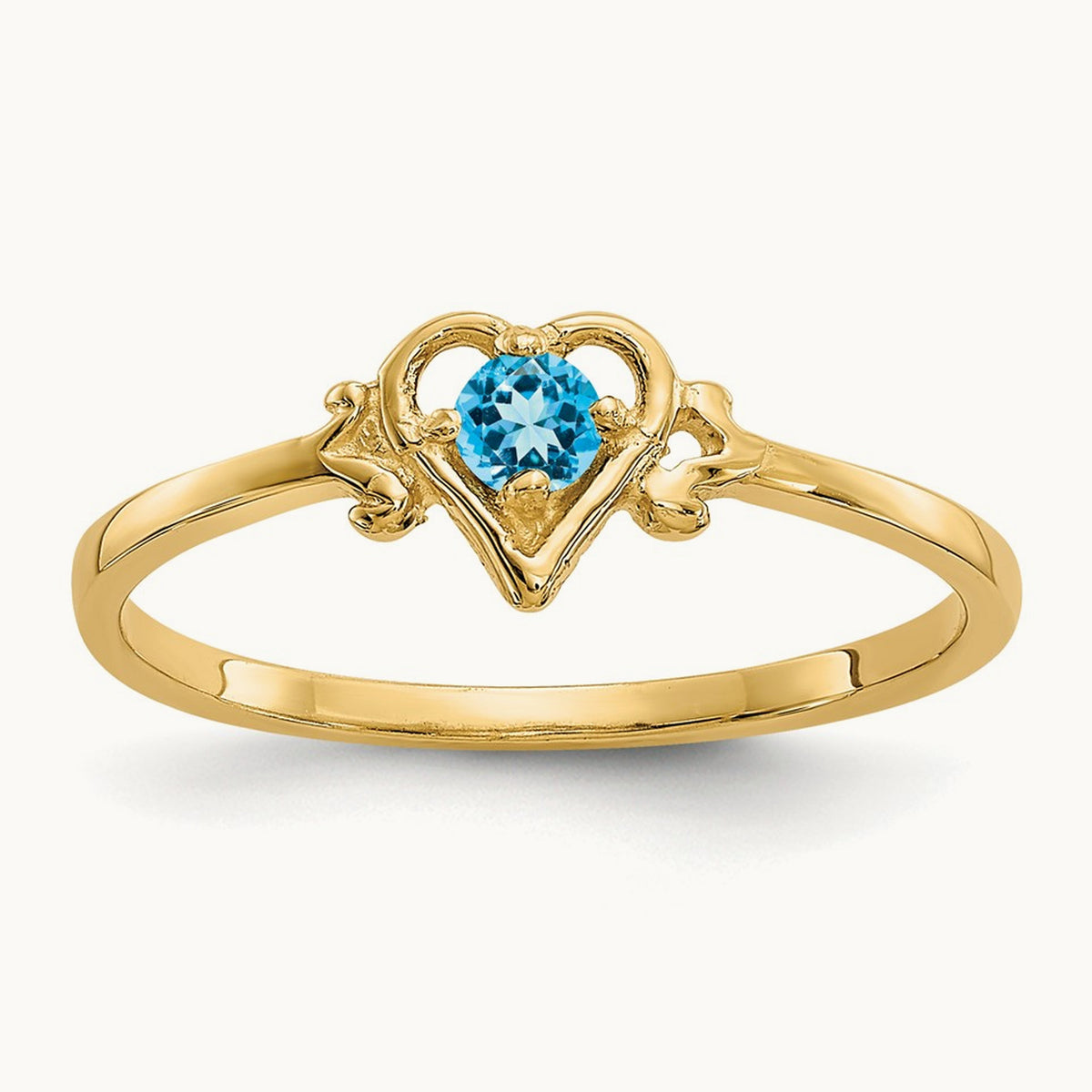Blue Topaz Birthstone Heart Ring — 14K Yellow Gold, 7