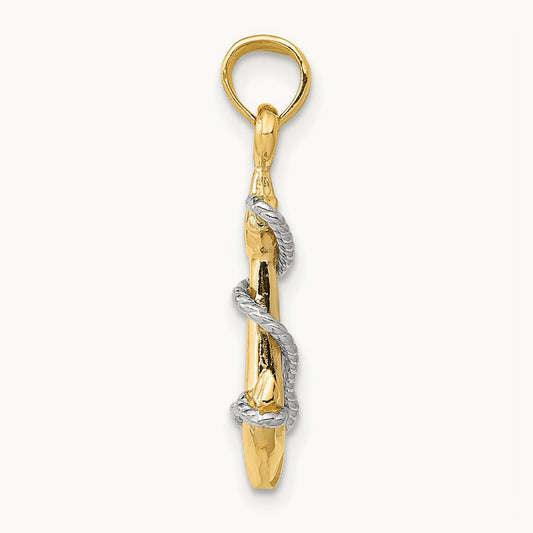 3D Anchor W/Rope Pendant — 14K Two-Tone Gold