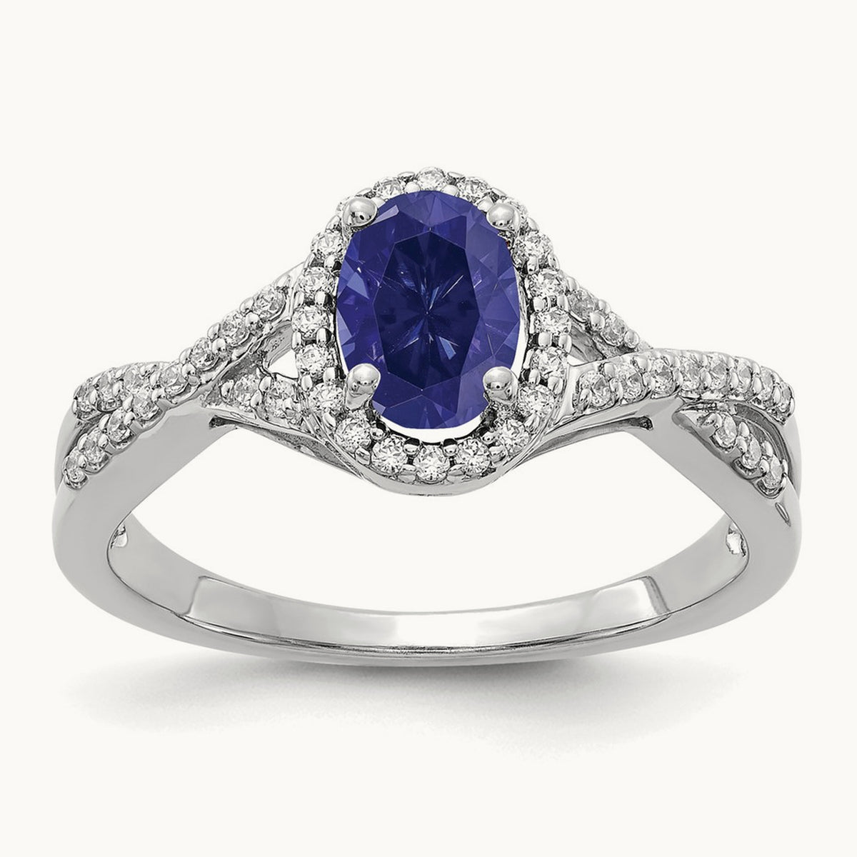 Created Blue Sapphire Oval Halo Ring, 0.20 ct tw Lab-Grown Diamond — 14K White Gold