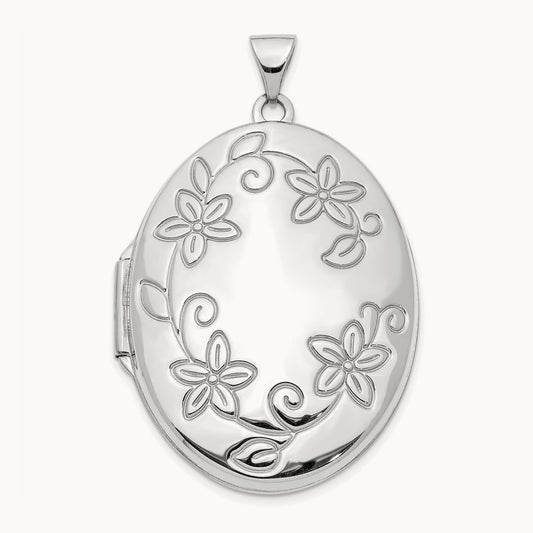 Floral Oval Locket Pendant, 33mm, 14K White Gold