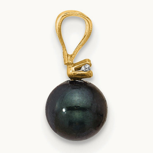Black Round Saltwater Akoya Cultured Pearl Diamond Pendant — 14K Yellow Gold