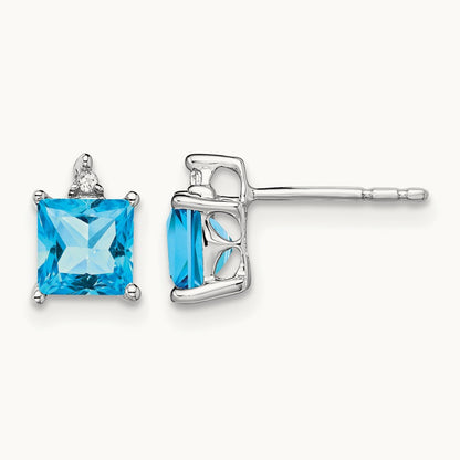 Princess Blue Topaz and Diamond Earrings, 14K White Gold