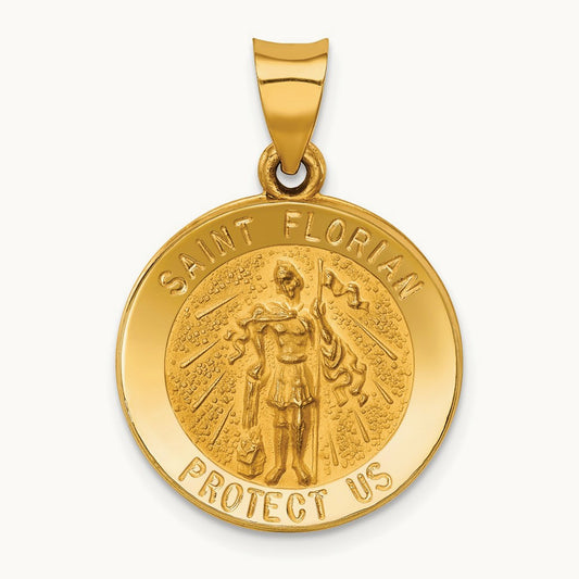 Polished and Satin St Florian Medal Hollow Pendant — 14K Yellow Gold, 26.5mm