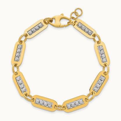 Polished Diamond-cut Bead 7.25 w/.5in ext. Bracelet, 14K Two-tone