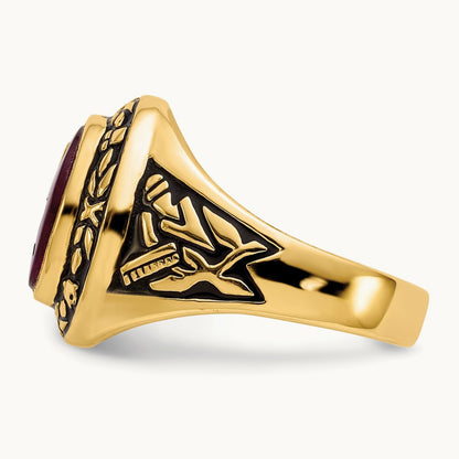 Men's Antiqued & Textured with Lab Created Ruby Masonic Ring — 14K Yellow Gold
