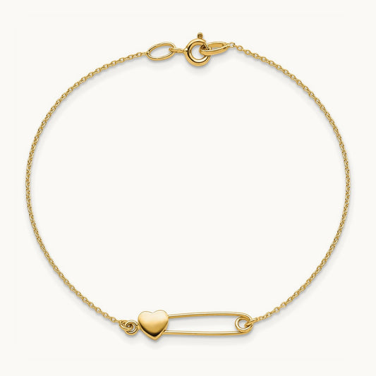 Safety Pin with Heart Bracelet, 14K