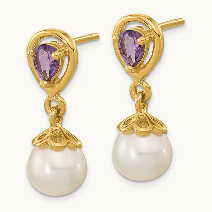 6- White Round FWC Pearl Amethyst Post Dangle Earrings, 7mm, 14K