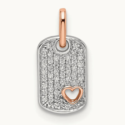 Small Dog Tag w/Heart Diamond Pendant, 14K Two-tone White with Rose