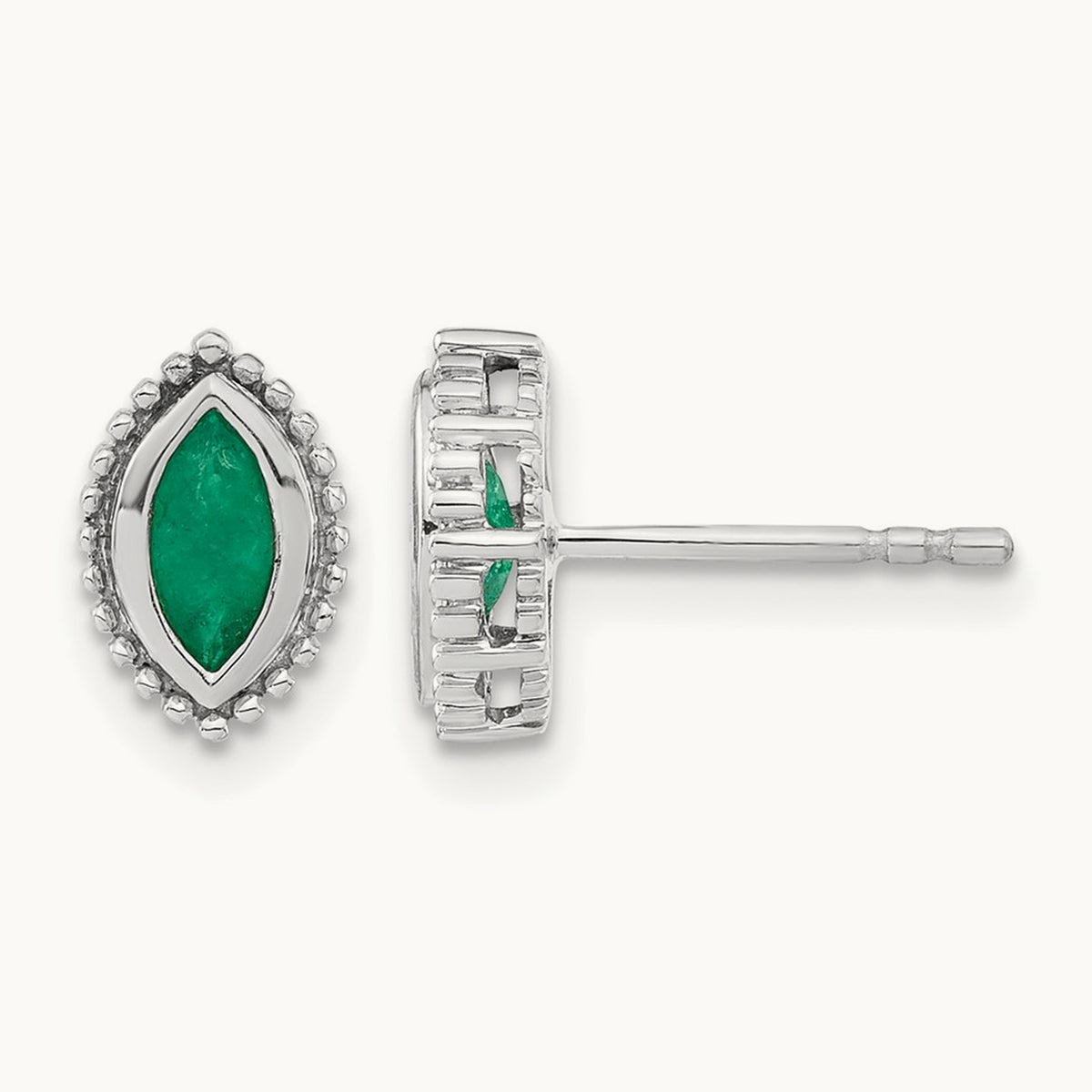 Marquise Emerald Post Earrings — 14K White Gold