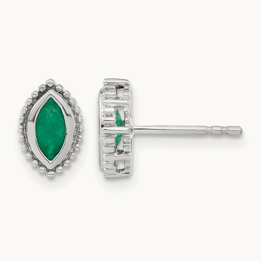 Marquise Emerald Post Earrings — 14K White Gold
