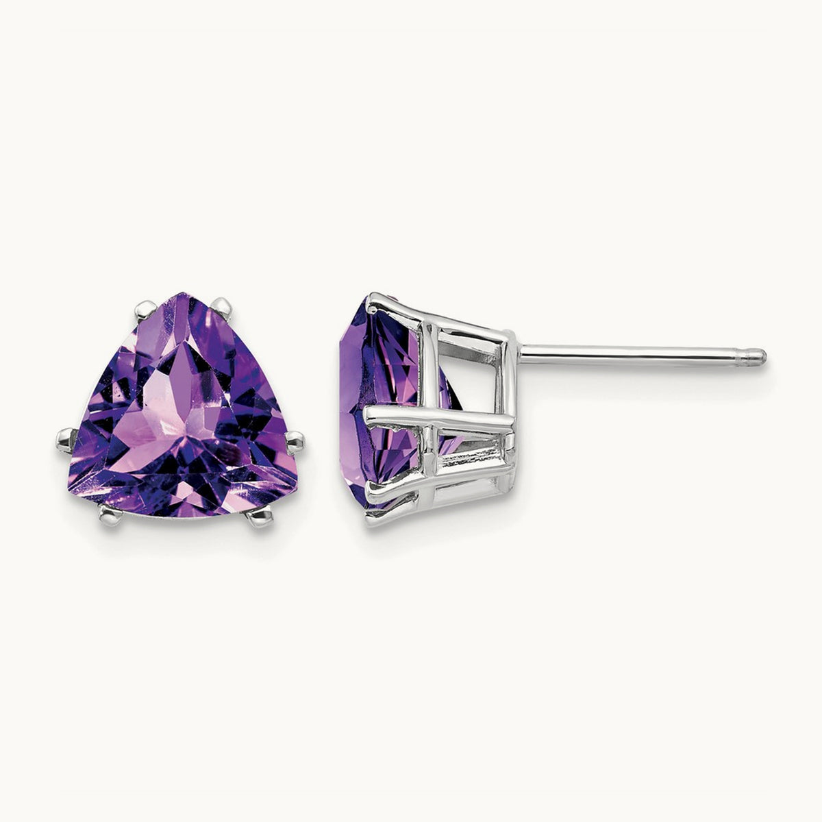 Amethyst Trillion Stud Earrings, 14K White Gold