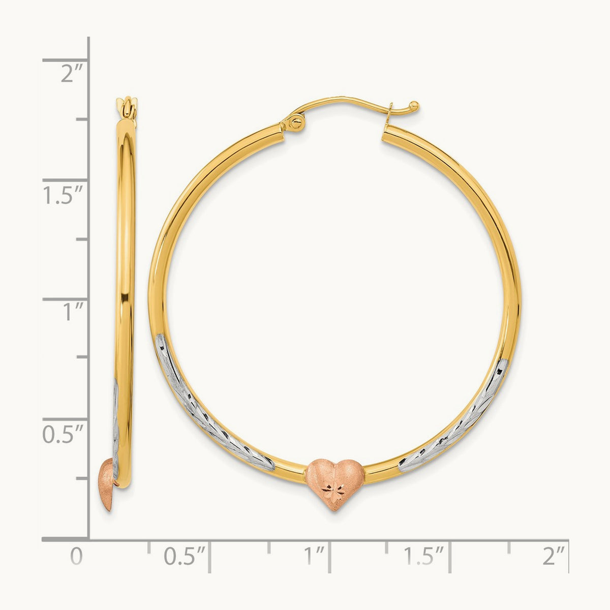 Diamond-cut Heart Hoop Earrings with White Rhodium — 40.25mm