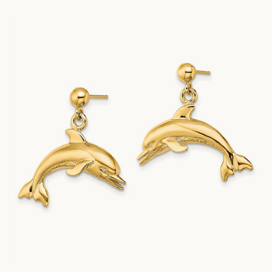 Jumping Dolphin Dangle Earrings, 14K