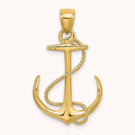 3-D Polished and Textured Anchor with Rope Charm — 14K Yellow Gold