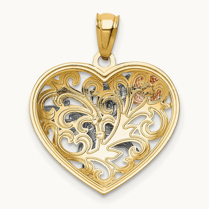 Tri color Butterfly Heart Pendant, 14K