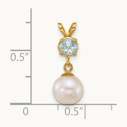 7- Round White FWC Pearl and Blue Topaz Pendant, 8mm, 14K