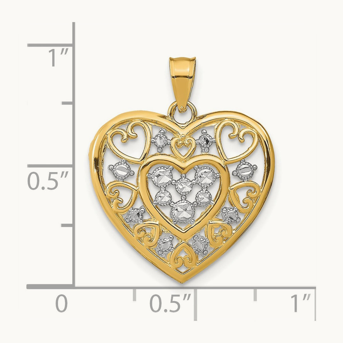 w/Rhodium Cut-Out Filigree Heart Charm, 14K