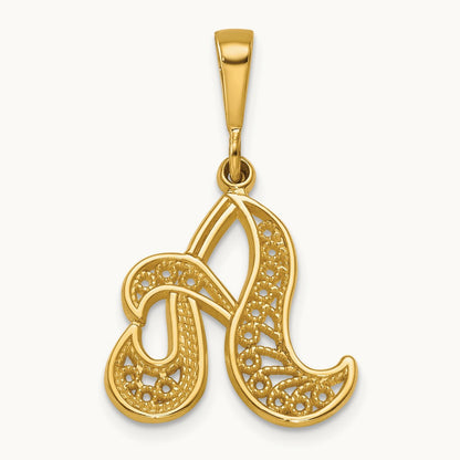 Polished Script Filigree Initial Pendant, 14K Yellow Gold