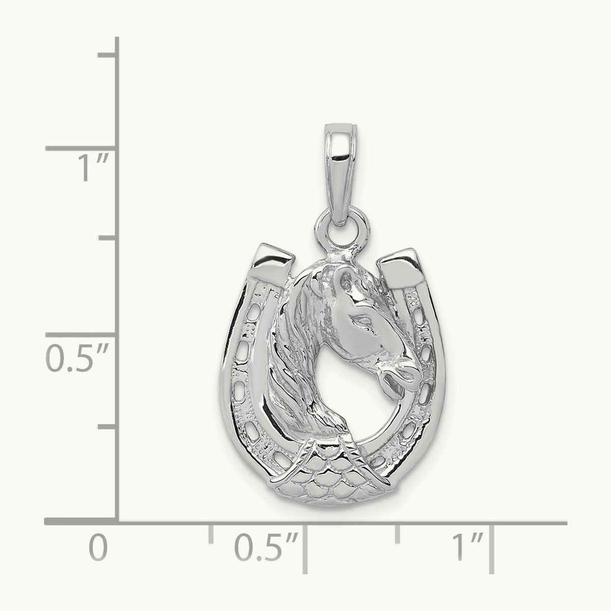 Solid Polished Horse Head in Horseshoe Pendant — 14K White Gold