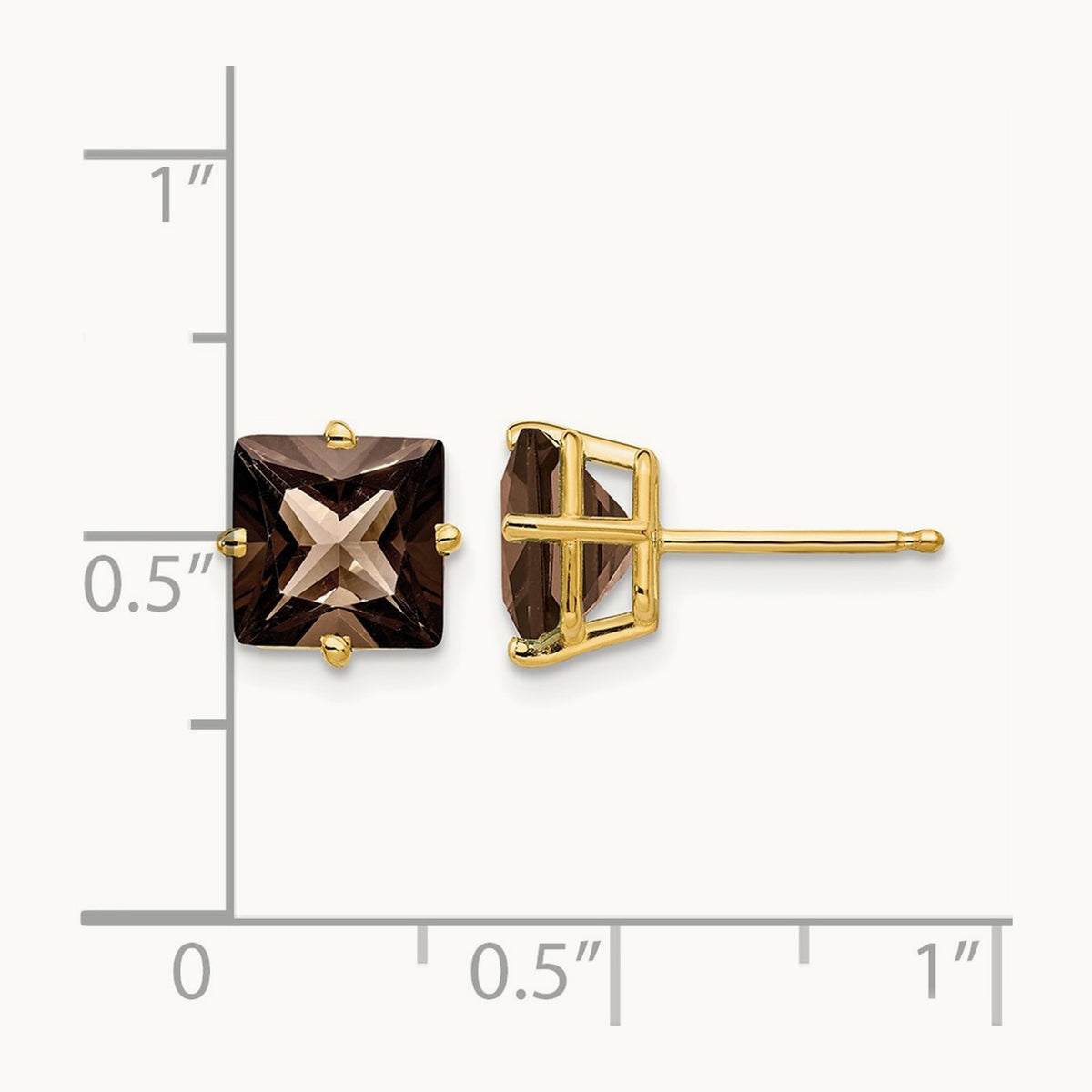 Square Smoky Quartz Earrings, 7mm, 14K