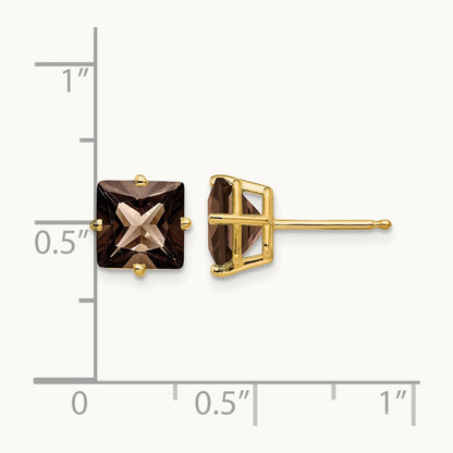 Square Smoky Quartz Earrings, 7mm, 14K
