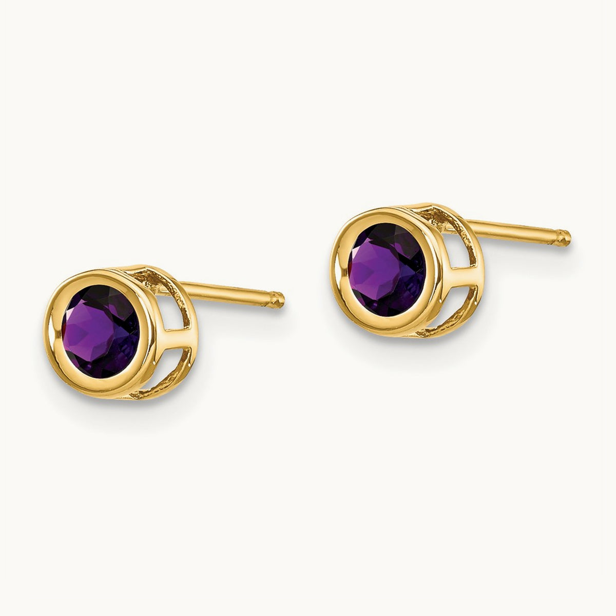 Bezel February/Amethyst Post Earrings — 14K Yellow Gold