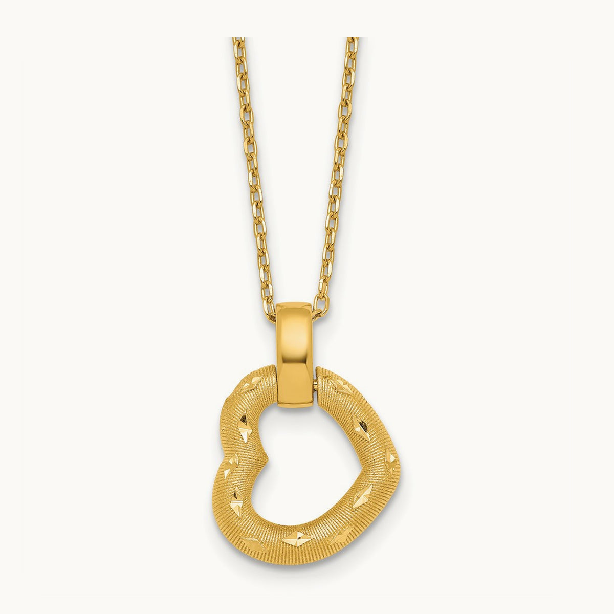 Polished Textured D/C Fancy Heart 16in w/2.25in Ext Necklace, 14K