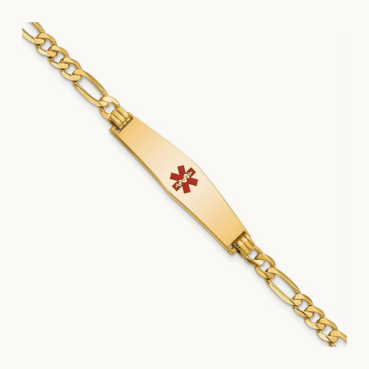 Medical Soft Diamond Shape Red Enamel Flat Figaro Link ID Bracelet, 14K