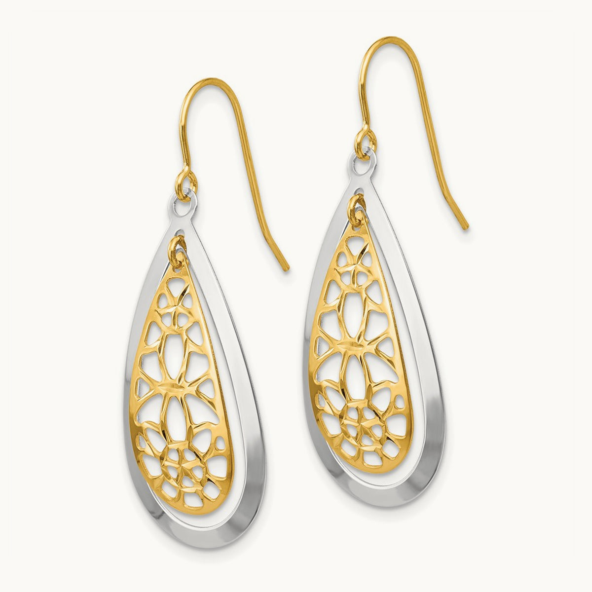 Diamond Cut Polished Fancy Dangle Earrings, 14K Two-tone