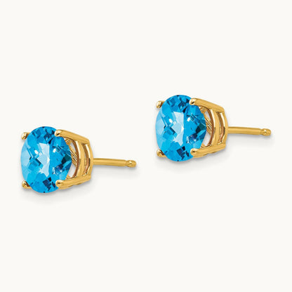 Blue Topaz Checker Earrings, 7mm, 14K
