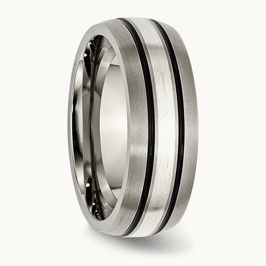 Antiqued/Brushed w/Sterling Silver Inlay Grooved Band, 8mm, Titanium